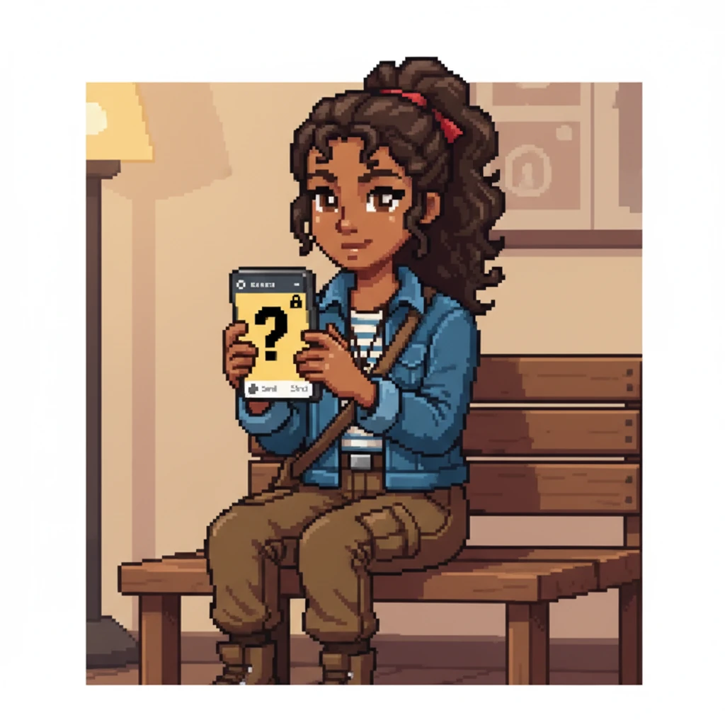 Shashwati's phone screen shows her posting a new Instagram story. The story is a simple pixelated background in a soft yellow with a single, clear question mark in bold black pixels. A tiny, almost invisible pixelated lock icon in the corner indicates its private setting, visible only to one person, as she waits for a response.