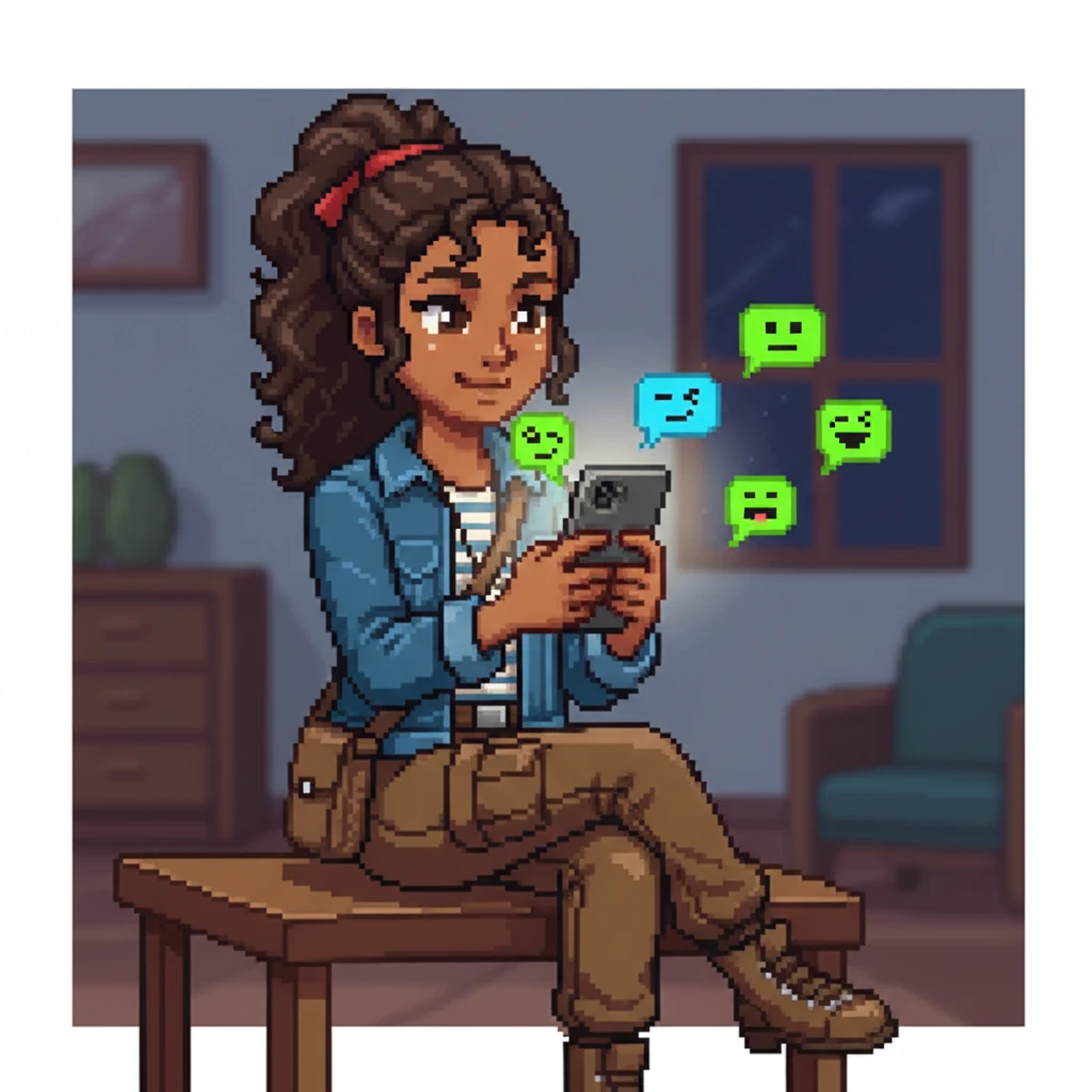 The phone screen flashes with new NGL messages, now a playful back-and-forth. Pixelated chat bubbles, some with teasing emojis like a winking eye or a playful smirk, rendered in simple pixels, fly across the screen, indicating a lighthearted and engaging conversation. The bubbles alternate between bright green and light blue.