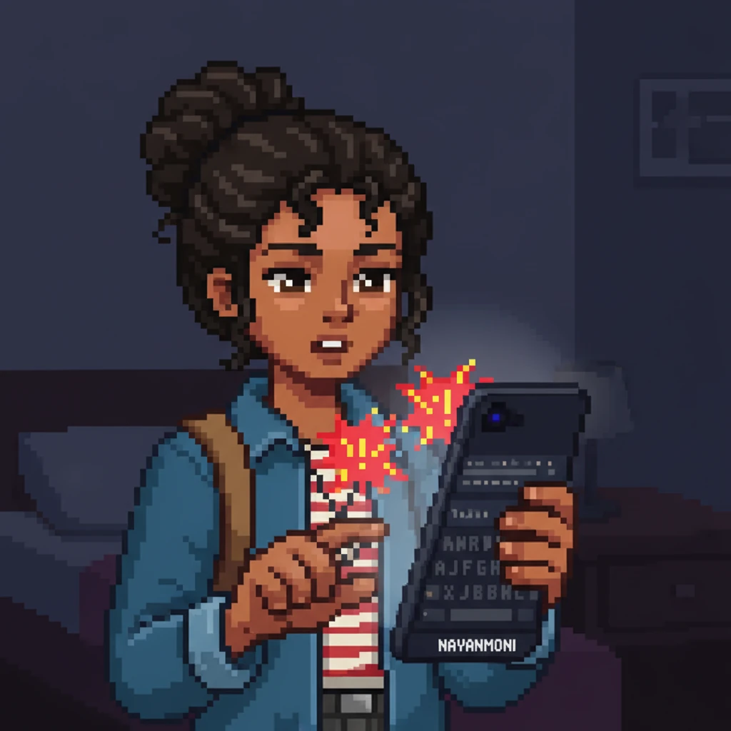 Shashwati's phone screen shows her typing "Nayanmoni" into the NGL reply box, her fingers, depicted as small pixelated blocks, poised over the keyboard. His subsequent messages appear in quick succession, expressing shock and surprise, rendered with vibrating or exclamation mark pixels in a red bubble.