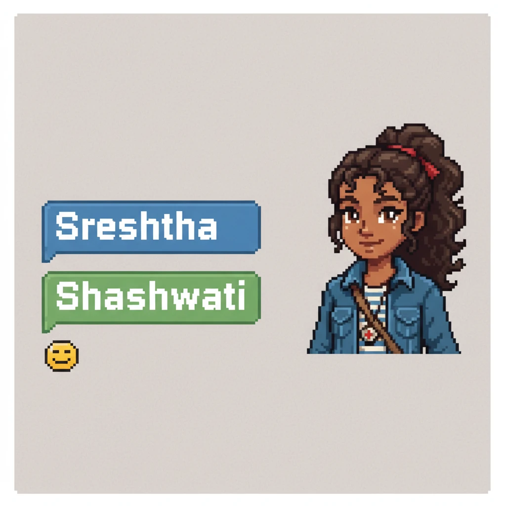 The conversation continues, with Nayanmoni's pixelated message "Sreshtha" appearing on screen in a blue bubble. Shashwati then types her true name, "Shashwati," into the chat, a moment of genuine revelation captured by the clear, bold white pixels of her name in a green bubble. A small, satisfied pixelated smile appears at the bottom of the screen.