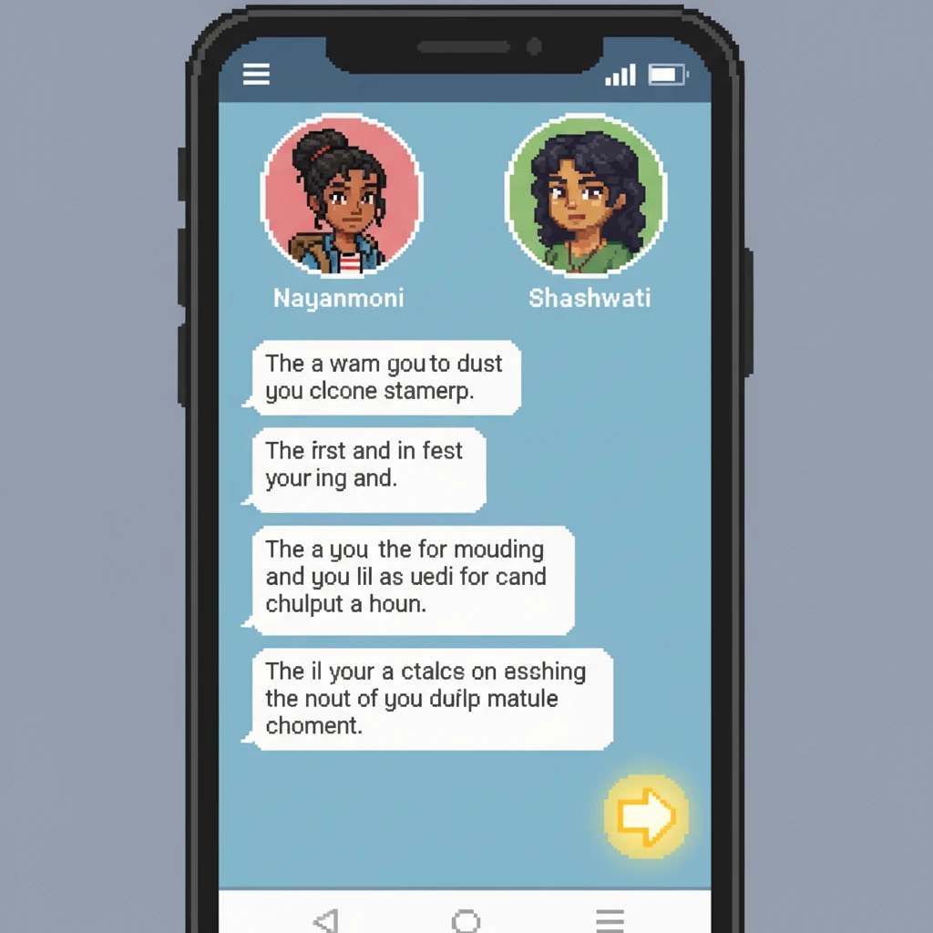 The phone screen now displays a clean, non-anonymous Instagram chat. Two distinct pixelated profile icons, Nayanmoni's and Shashwati's, sit at the top, their chat bubbles flowing freely. The conversation has moved to a real space, signaling the beginning of their shared story, with a small, glowing pixelated arrow pointing forward.