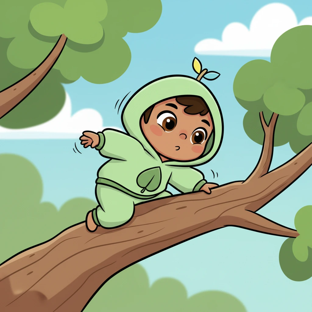 Pip leaned forward—a tiny lean, a brave one—but the sturdy branch held her tight. She couldn't quite let go. “Hmm,” she said, looking a little thoughtful.