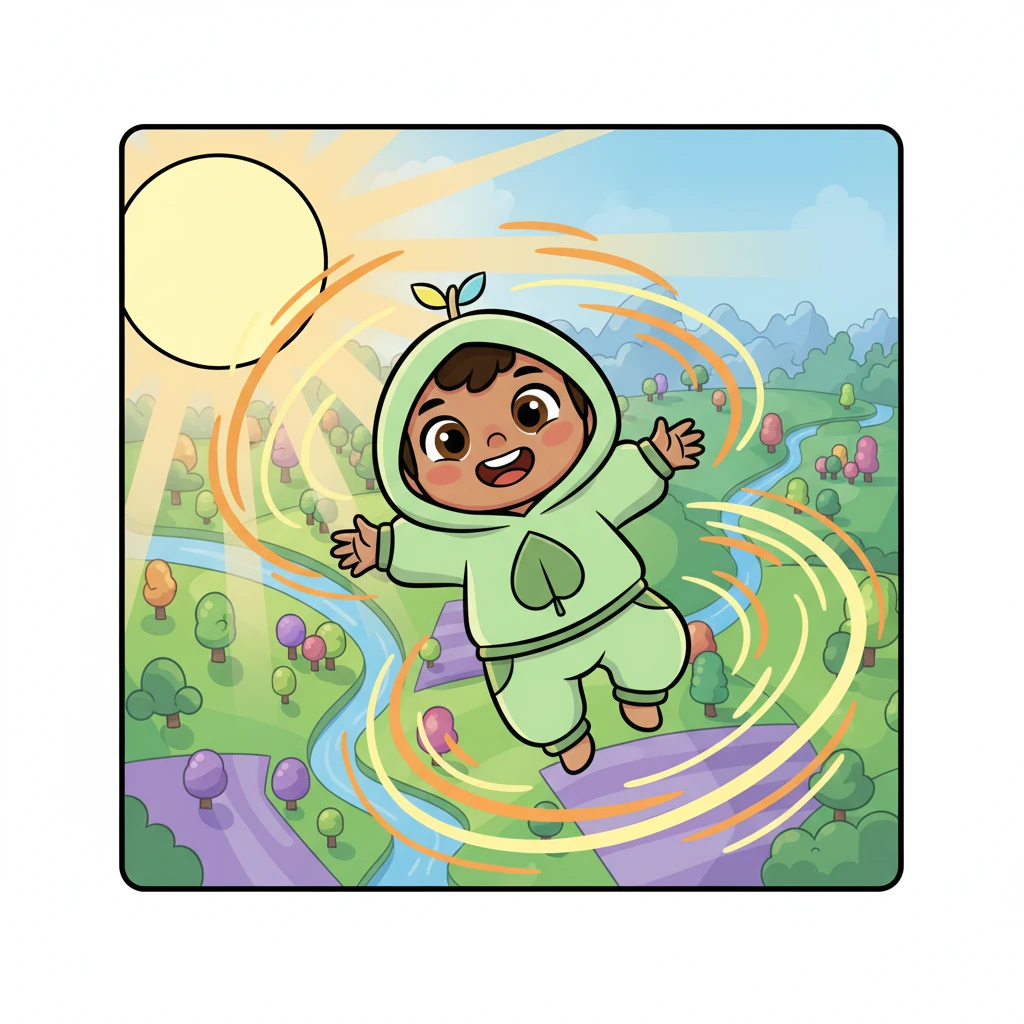 She twirled and danced in the air, seeing the world from a brand new, wonderful view. The sunshine felt extra warm and bright on her floating journey.