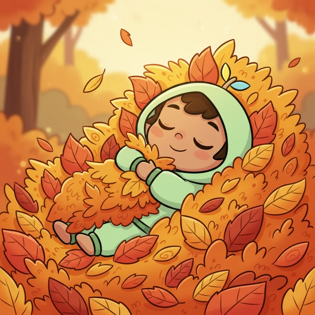 Finally, she drifted down, down, down, landing softly on a cozy bed of colorful fallen leaves below. Pip snuggled in, feeling perfectly content and happy.