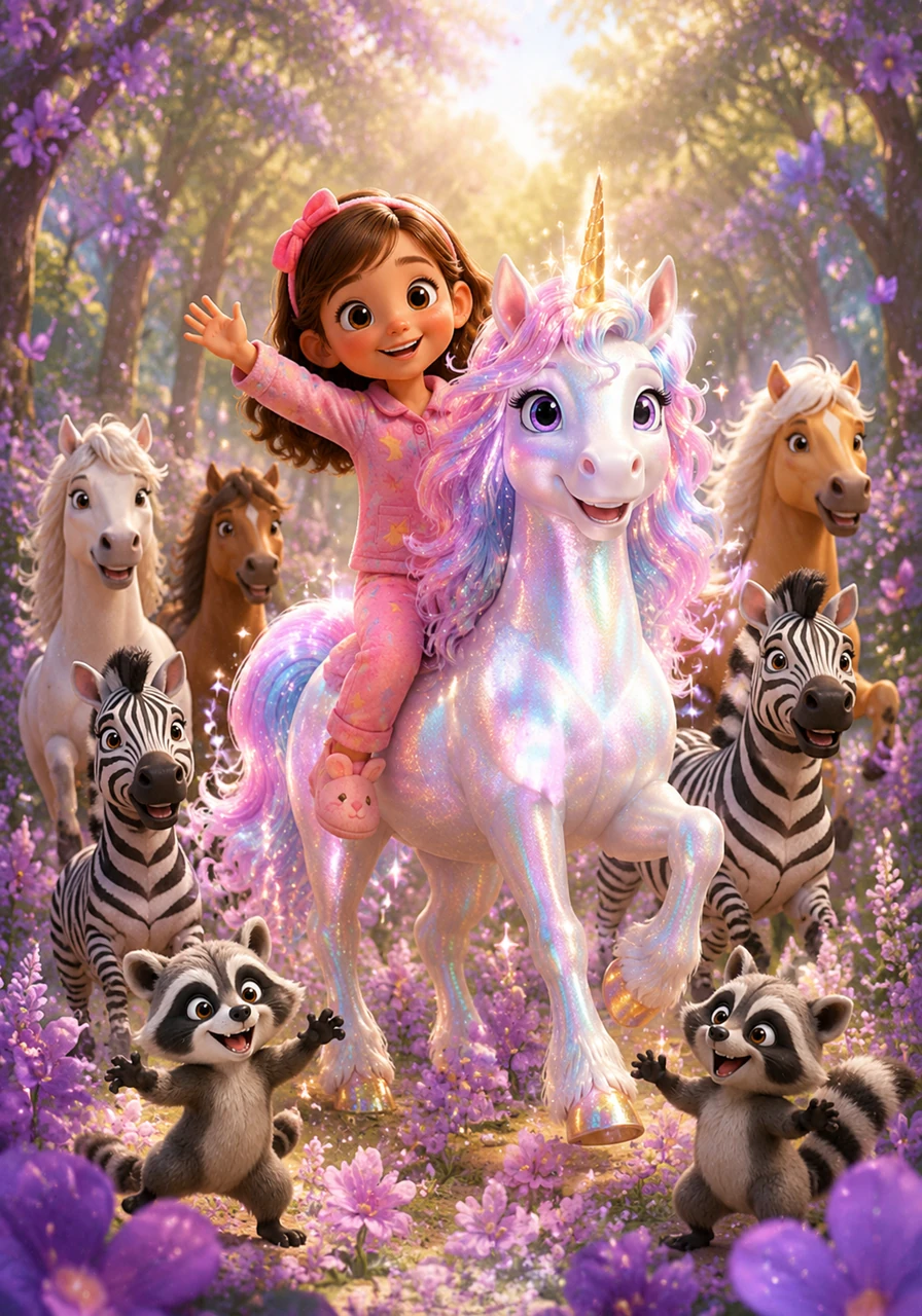 On a twinkling, whispery morning, a bright-eyed girl named Michelle climbed atop a shimmering unicorn. Around her danced a merry band of horses and zebra friends, in a forest bursting with purple flowers that giggled as the breeze tickled their petals.