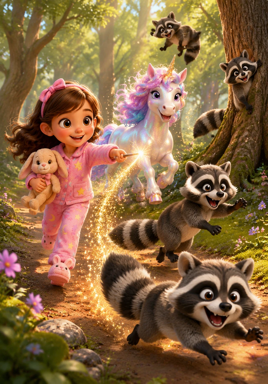 With a sprinkle of sparkle dust, Michelle and her magical friends dashed playfully, chasing a troupe of cheeky raccoons who twirled like ribbons between the trees, their laughter ringing like tiny bells.
