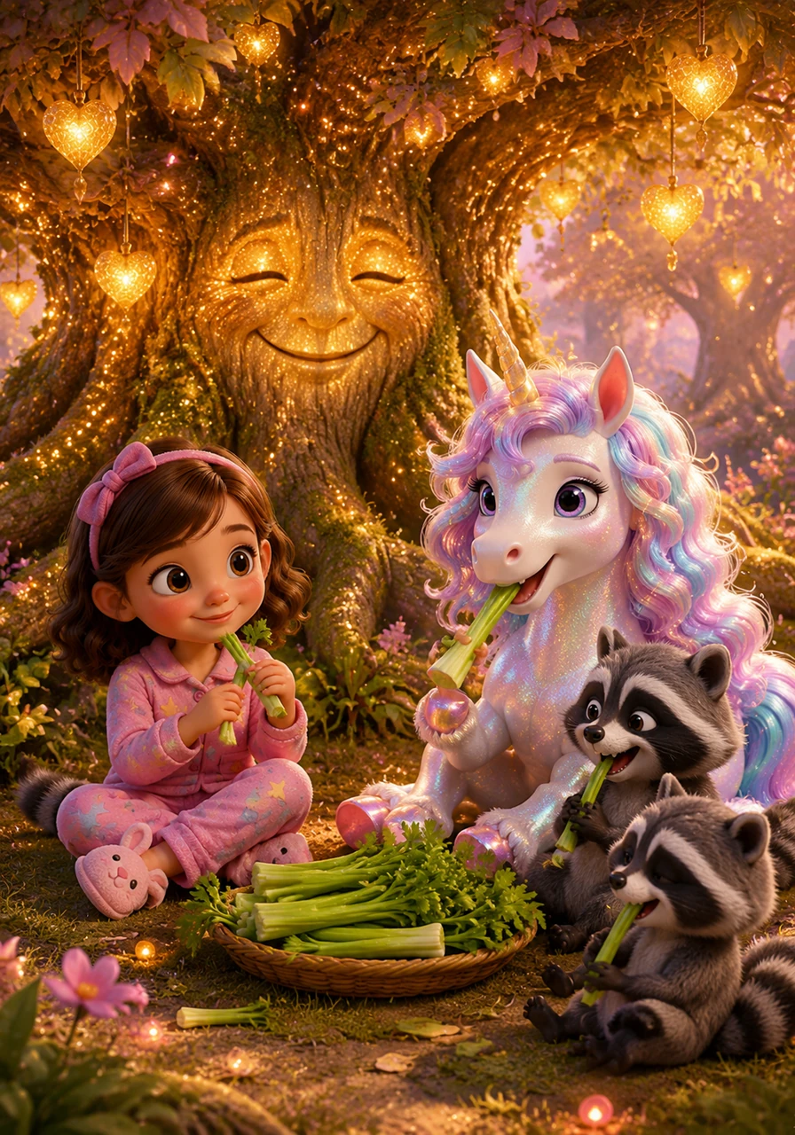 After a joyful whirl, tired little hooves and feet rested beneath the grandest, most magical tree — the Spirit Tree, where the leaves whispered secrets and the air smelled of honey and dreams. Here, crunchy, crisp celery was shared, each bite a cool, refreshing nibble of enchantment.