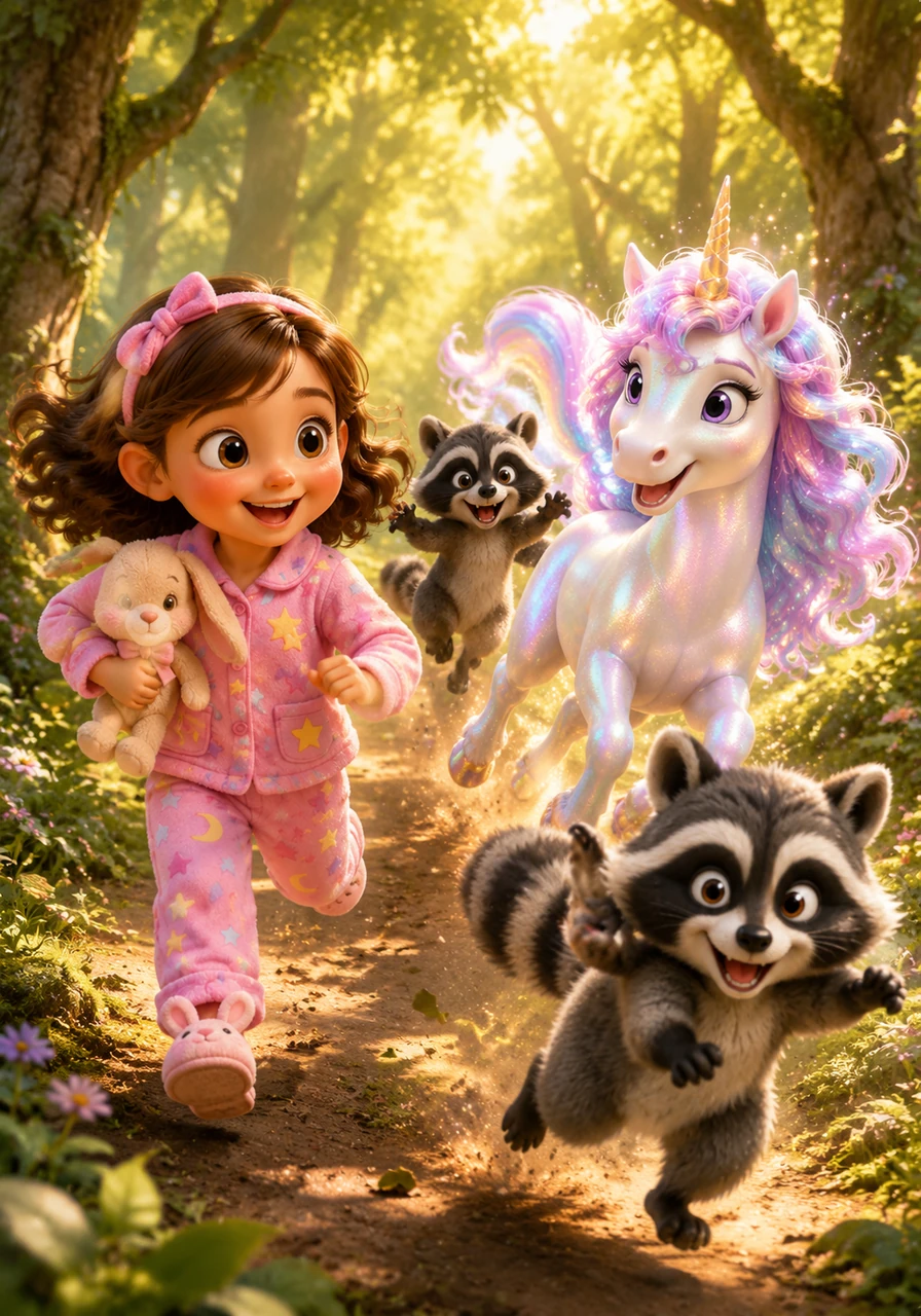 The raccoons weren’t done yet, as they turned back with mischievous grins to invite everyone to a game of tag. They swirled through dappled sunlight, turning the forest into a merry chase where giggles bounced on every leaf and twig.