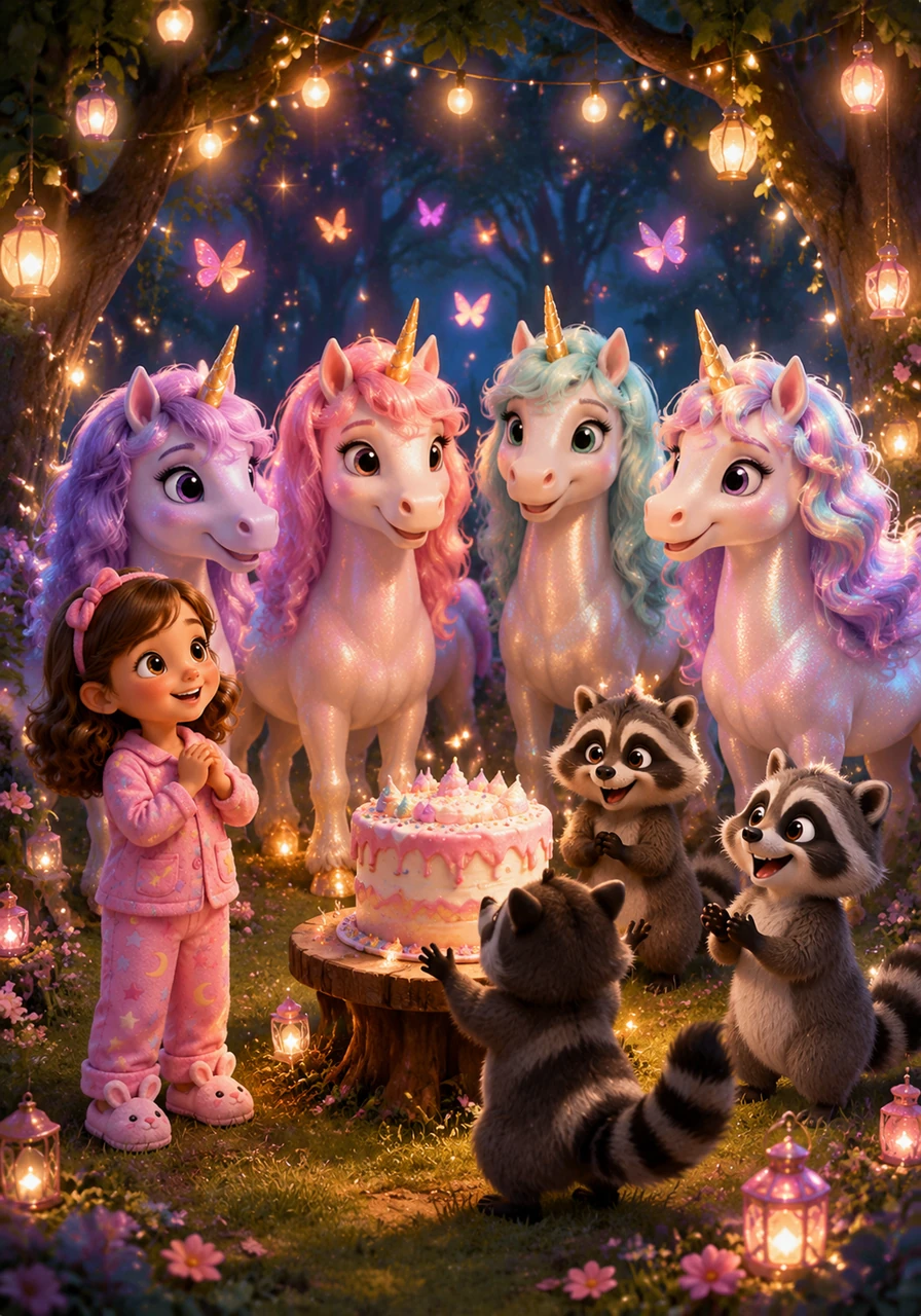 Back at the heart of the forest, twinkling fairy lights and fluttering butterflies revealed a beautiful surprise. It was a joyful birthday celebration for four magical unicorns, each glowing with happiness as they gathered in the clearing.