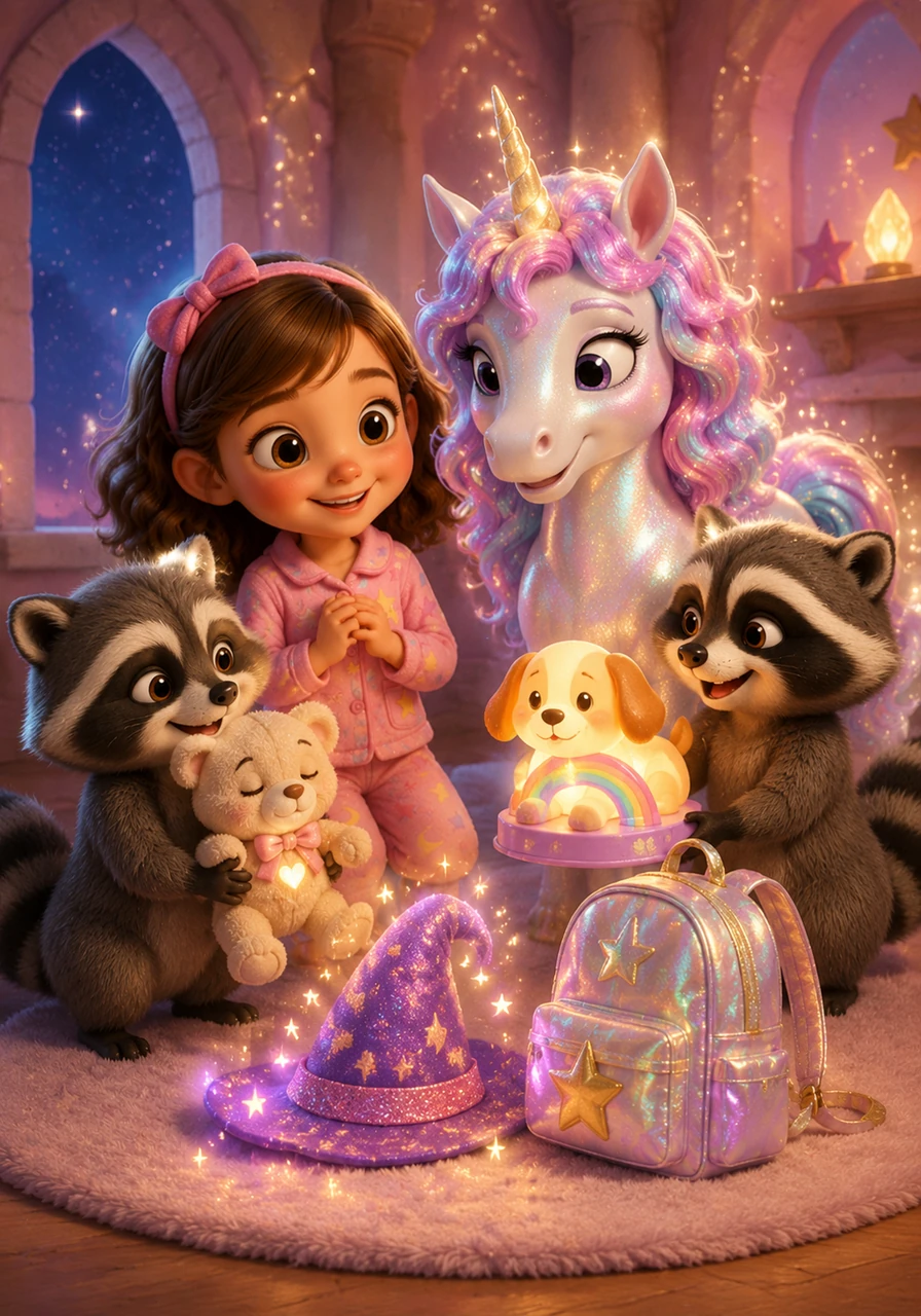 Each unicorn was presented with a special treasure to celebrate the day. There was a soft, fuzzy bear that hummed lullabies, a sparkling purple hat that twinkled with stardust, a special puppy rainbow lamp that glowed with warmth, and a shiny backpack ready for wondrous school adventures.