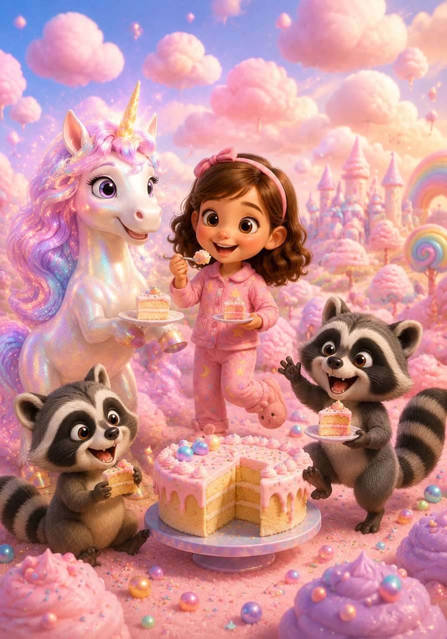 Laughter floated on sugary winds as they nibbled on the fluffiest cake, twirling and dancing beneath candy-colored clouds drifting over Unicorn Candy Land. It was a magical place where dreams pirouetted on cotton candy breezes.