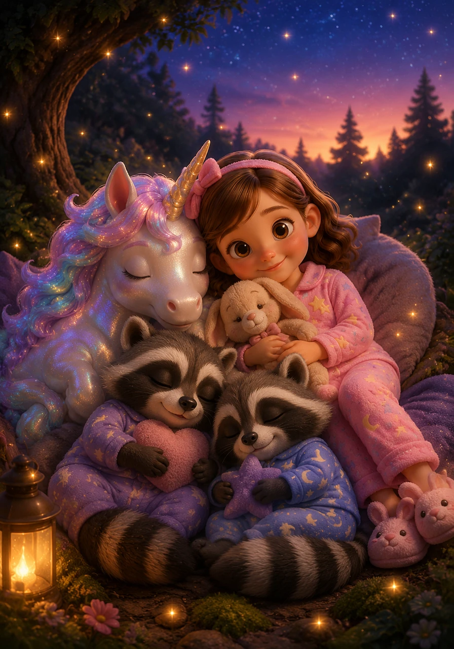 As the sun began to sink into a song of shimmering stars, the forest grew quiet and calm. Michelle and her friends snuggled into their cozy pajamas, clutching their beloved snuggle toys, each one imbued with a pinch of magic.
