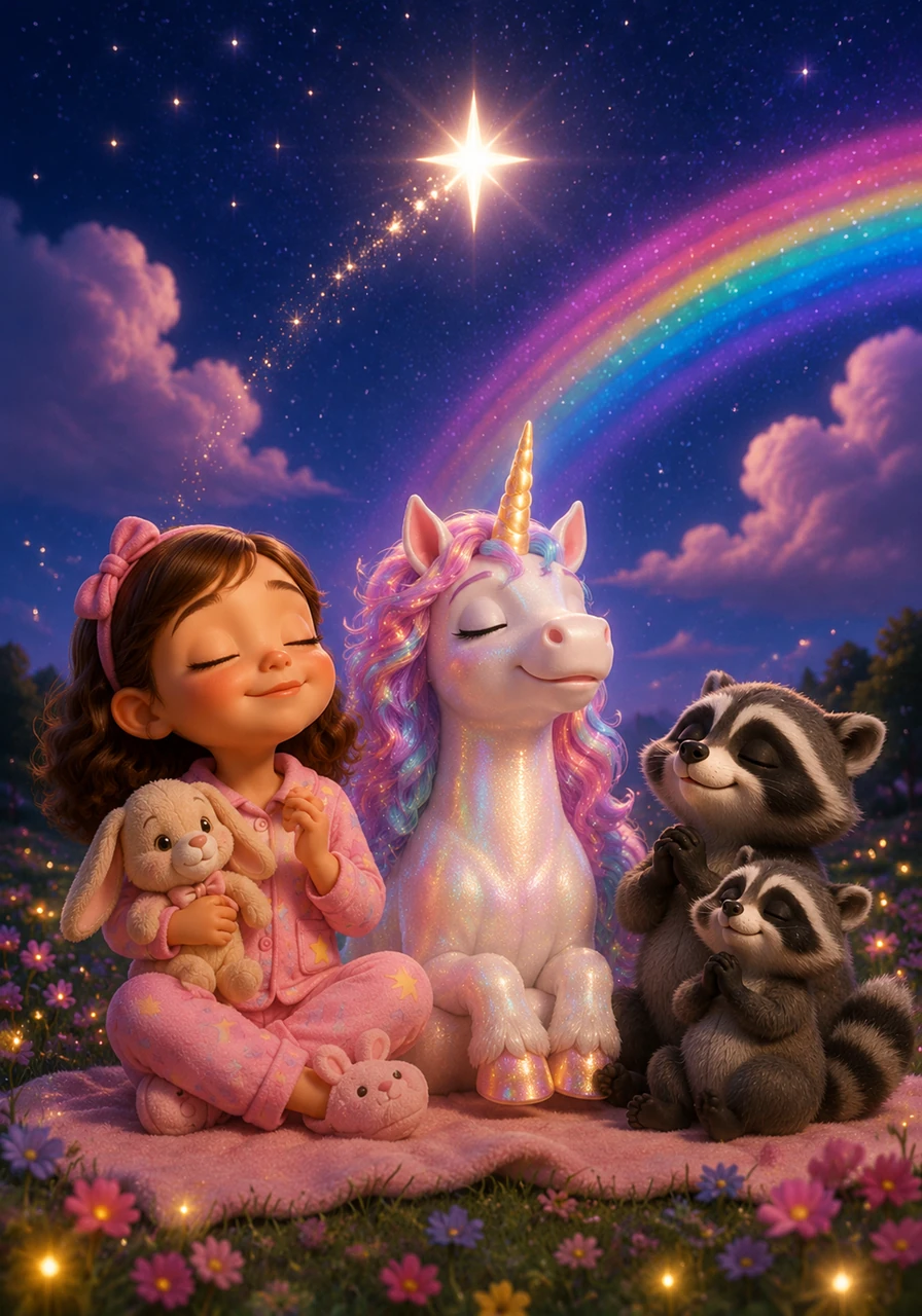 Together, they looked up to the velvet sky and wished on the brightest star, a twinkle that painted vibrant rainbows high in the clouds. They closed their eyes, feeling the warmth of the day’s adventures settle deep within their hearts.