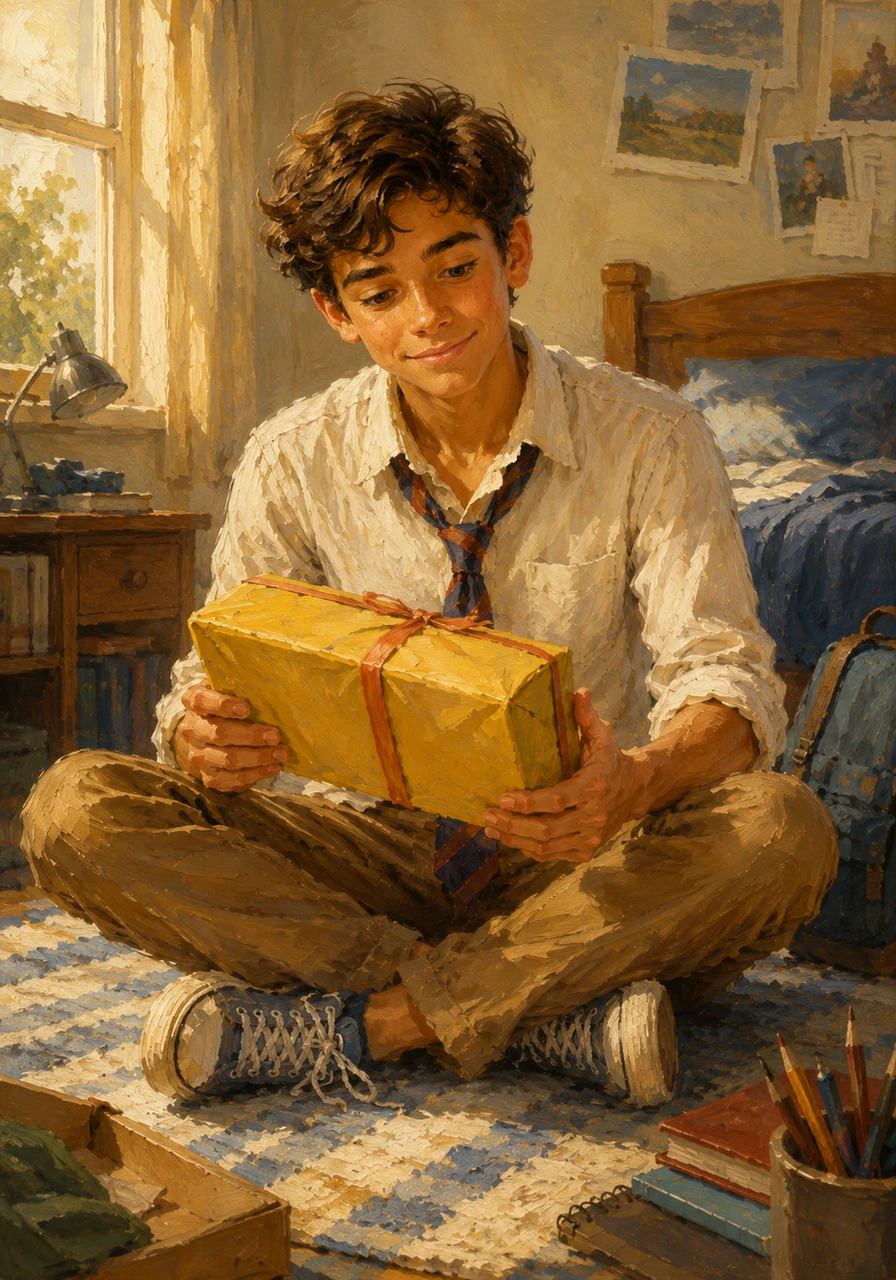 Giles sat cross-legged on his bedroom rug, surrounded by the quiet warmth of the final days of summer vacation. In his hands, he held a brightly wrapped parcel that had just arrived in the mail, his curiosity piqued by its heavy, rectangular shape.