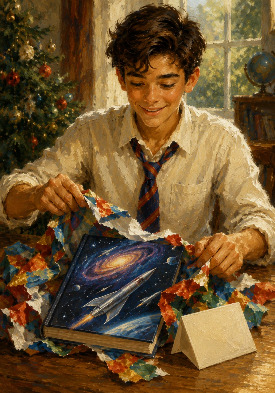 With careful movements, he tore away the colorful paper to reveal a magnificent hardcover book titled History of Space Travel, its cover gleaming with painted galaxies and silver rockets. Beside it lay a handwritten note from a thoughtful sender, wishing him a wonderful end to his holidays.