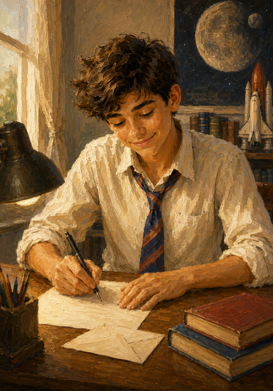 Giles smiled warmly and immediately set up his writing desk to pen a thank-you note. He wrote about how brilliant the title sounded and how deeply interested he was in the grand mysteries of exploring space and learning about the moon.
