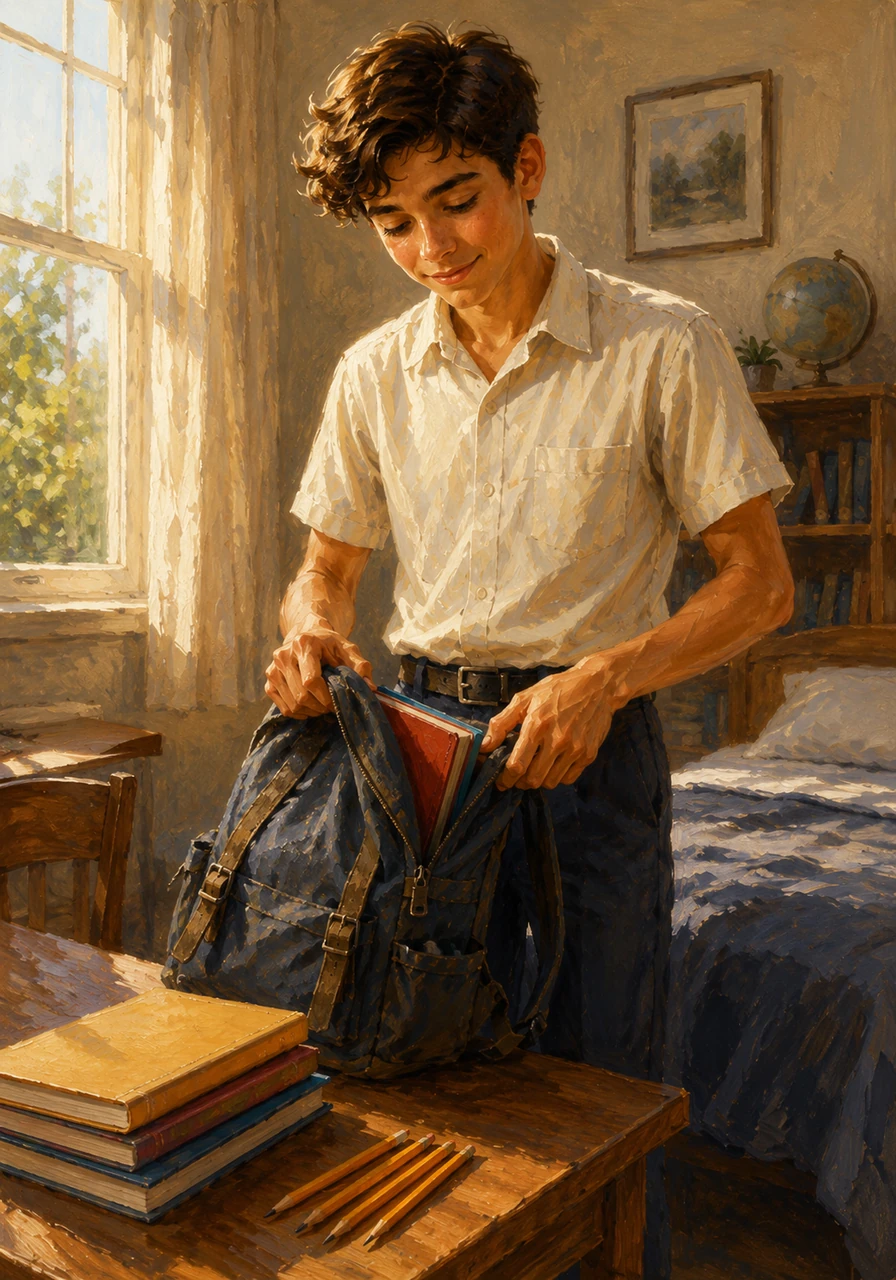 The next morning, Giles packed his backpack with fresh notebooks and sharpened pencils, preparing himself to go back to school the following week. The familiar weight of the bag anchored him to reality, signaling the official return to his daily routine.