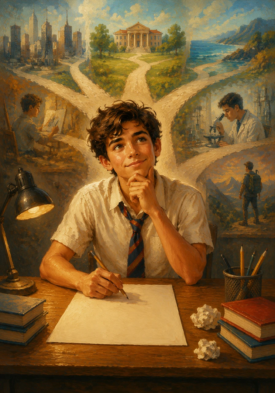 During a quiet study period, Giles stared at a blank piece of paper, deeply pondering what he needed to decide to do next with his life. The crossroads of his future stretched out before him, filled with endless possibilities that both thrilled and challenged him.