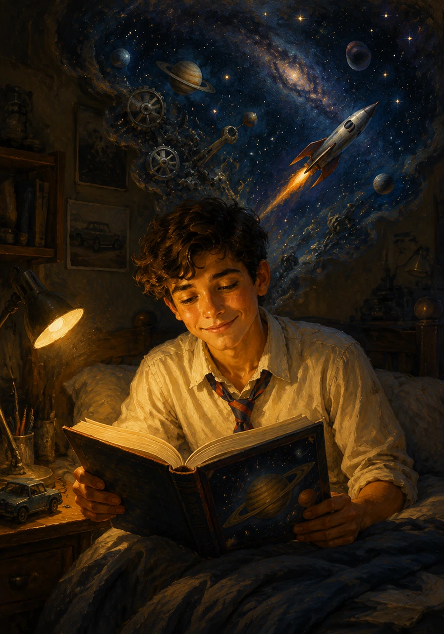 Late at night, under the soft glow of his bedside lamp, Giles finally opened the first page of his new space book, his mind drifting between the gears of automobiles and the vast, untamed expanse of the starry sky.