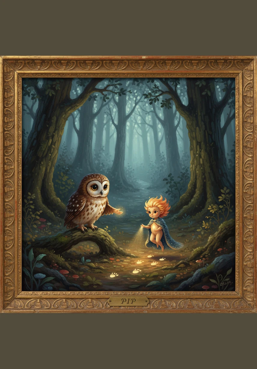 Down on Earth, a small owl named Pip was lost in the woods, unable to find his way back to his hollow. He looked up at the sky with wide eyes, hoping for a glimmer of light to show him the path through the tangled trees.