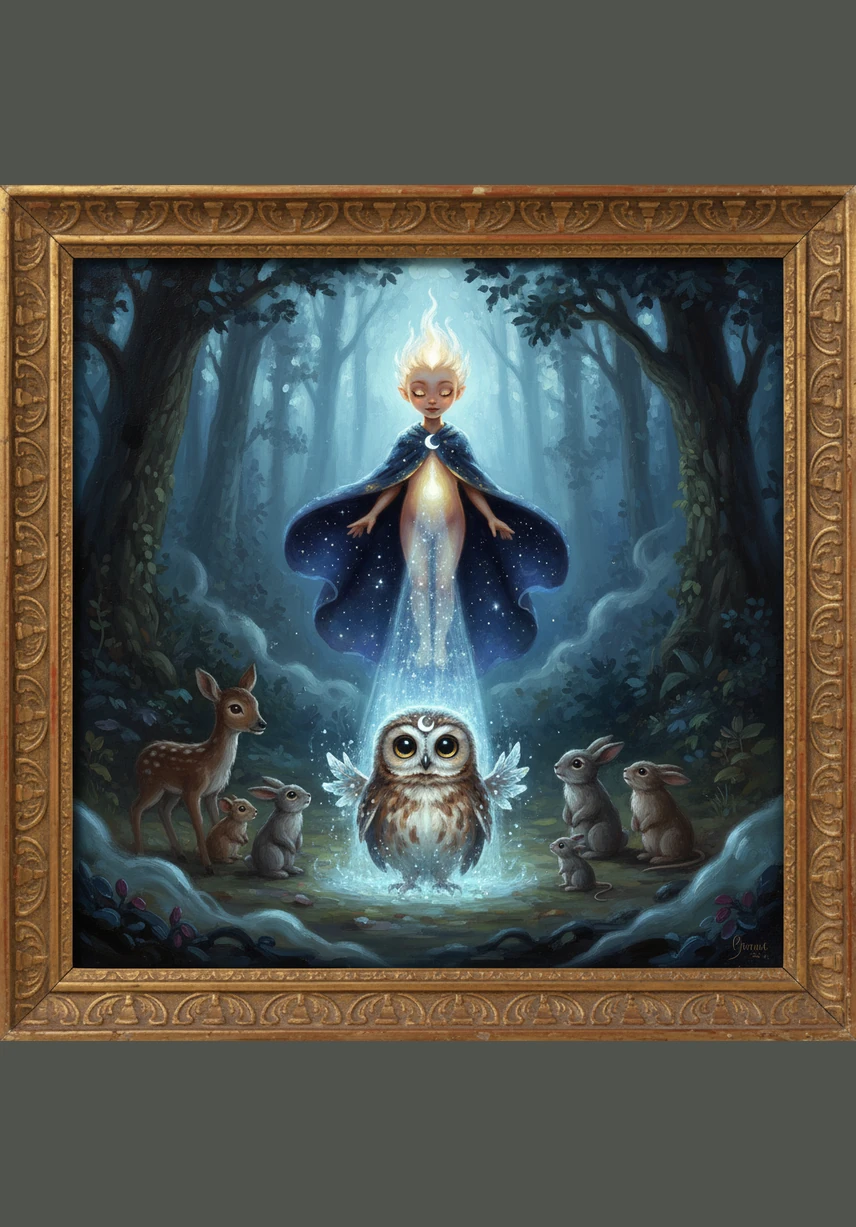 Her light wasn't a blinding explosion, but a soft amber beam that landed right at Pip’s feet. The little owl hooted with joy as he followed the shimmering path Nova had created just for him, guiding him through the dark forest.