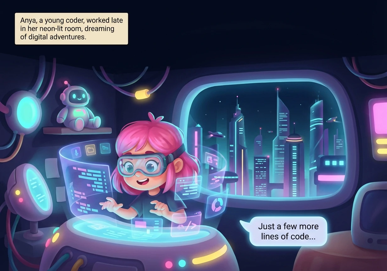 Anya, a young coder with vibrant pink hair, sits hunched over her holographic workstation in her small apartment, neon lights reflecting in her determ