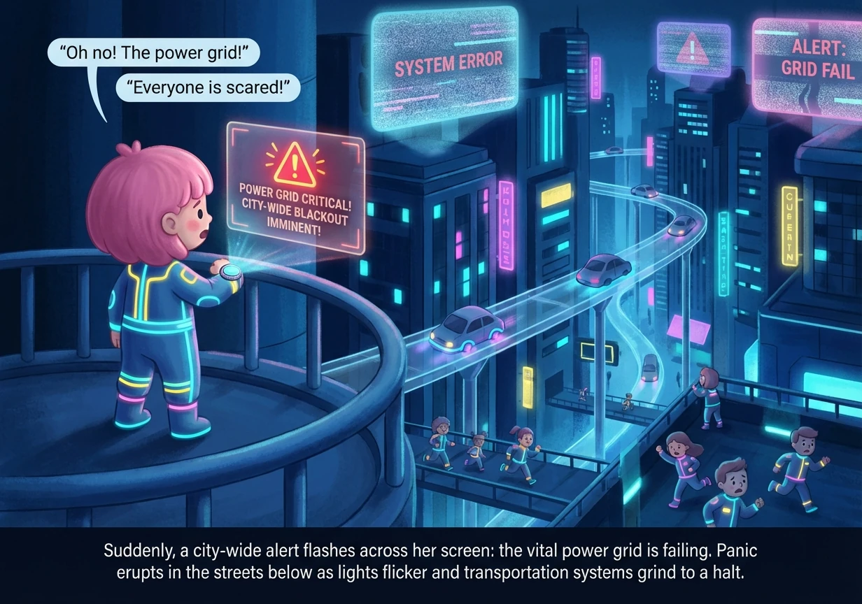 Suddenly, a city-wide alert flashes across her screen: the vital power grid is failing. Panic erupts in the streets below as lights flicker and transp
