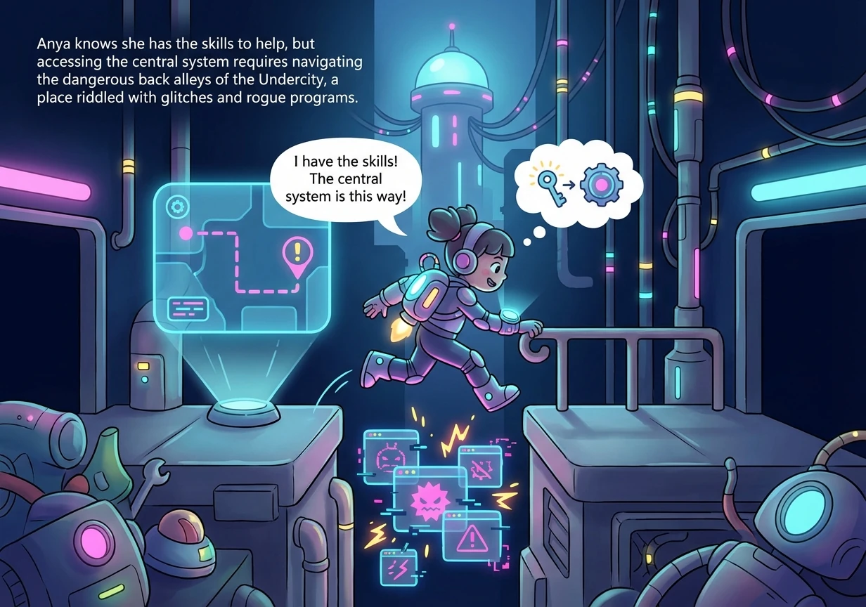 Anya knows she has the skills to help, but accessing the central system requires navigating the dangerous back alleys of the Undercity, a place riddle