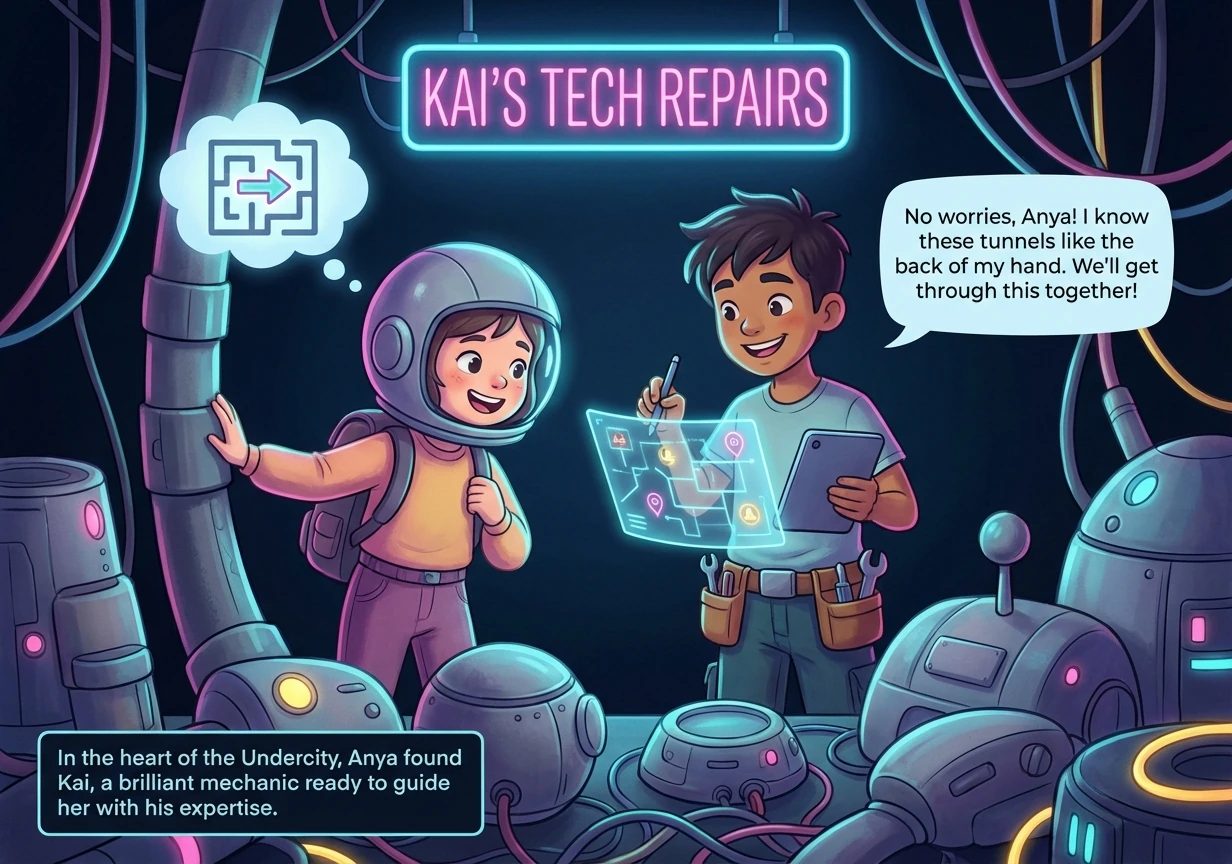 She meets Kai, a street-smart mechanic with a knack for fixing anything. Kai agrees to help Anya navigate the Undercity, offering his technical expert