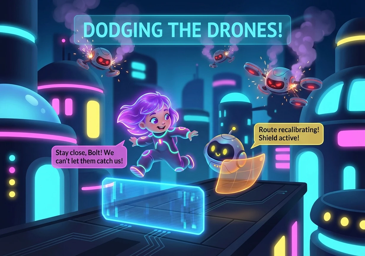 Together, they face challenges like dodging malfunctioning security drones and outsmarting digital gatekeepers, their bond strengthening with each obs