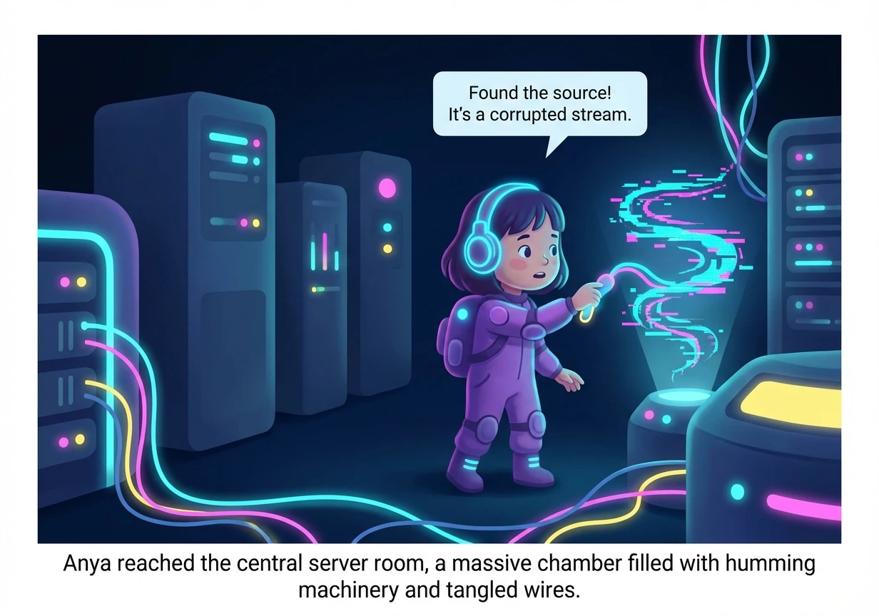 They reach the central server room, a massive chamber filled with humming machinery and tangled wires. The source of the malfunction is a corrupted da
