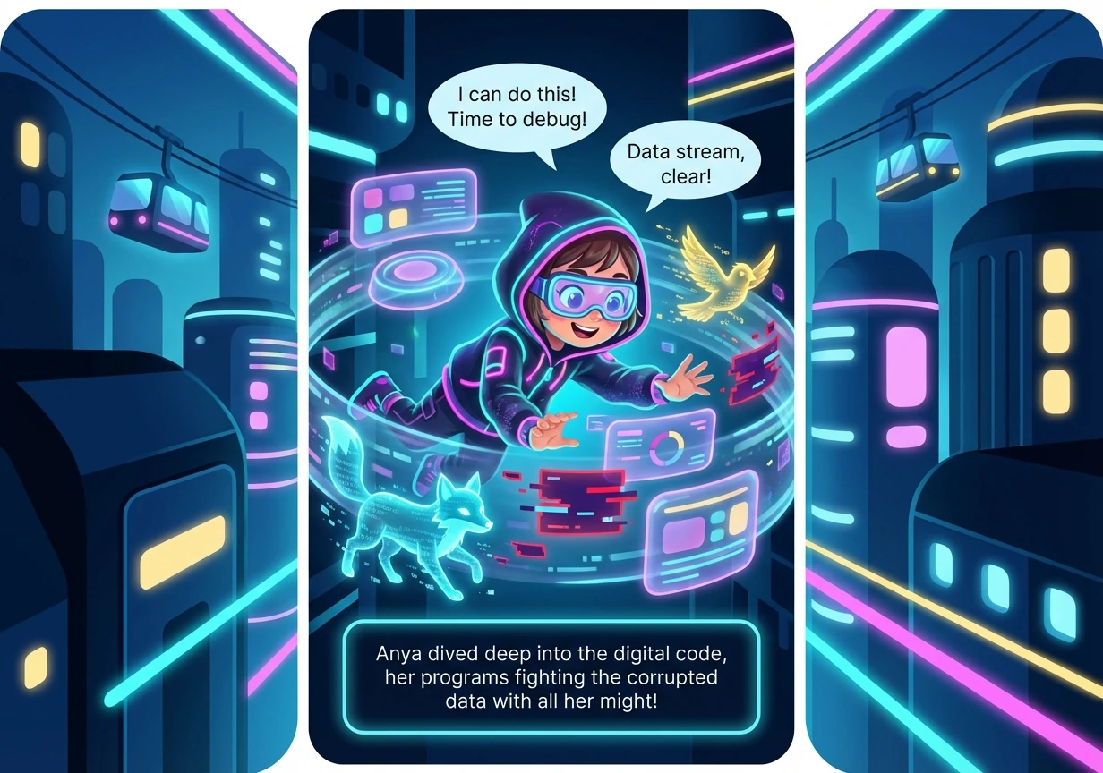 Anya dives into the code, battling the corrupted data with her own programs. The process is intense, pushing her skills and her equipment to their lim