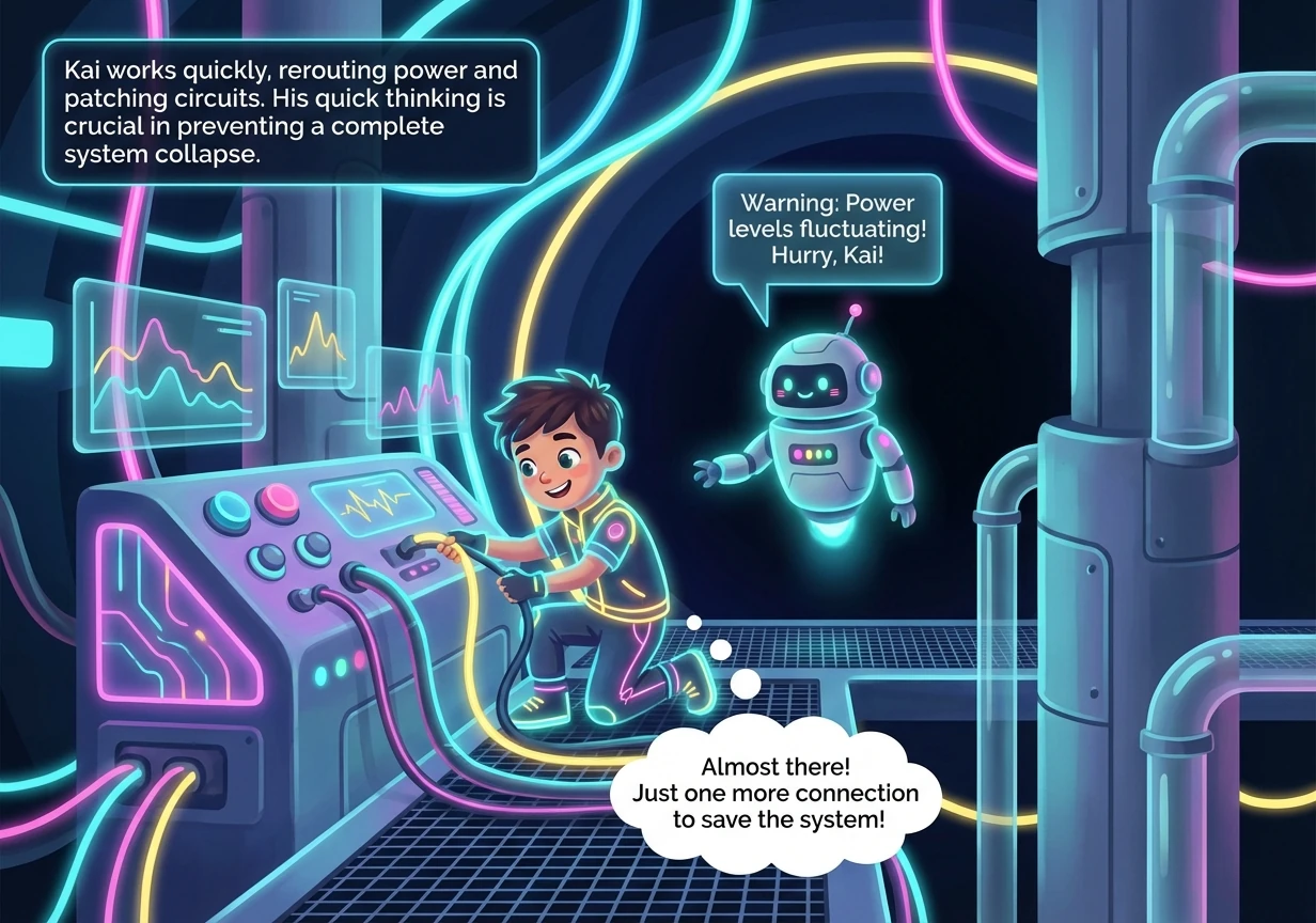 Kai works to keep the physical systems stable, rerouting power and patching circuits. His quick thinking is crucial in preventing a complete system co