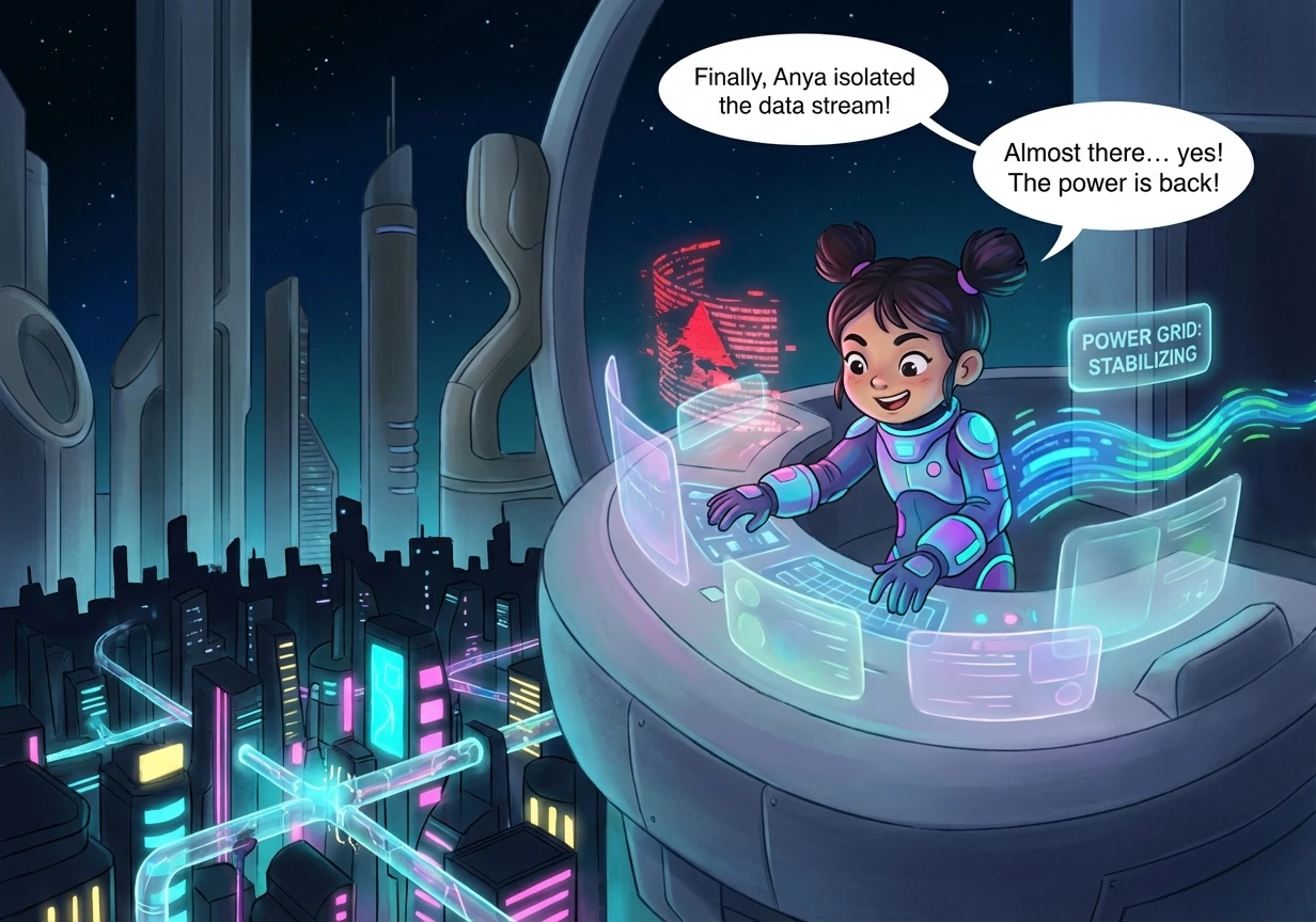 Finally, Anya isolates and repairs the corrupted data stream. The power grid stabilizes, and the city begins to slowly come back to life, neon lights