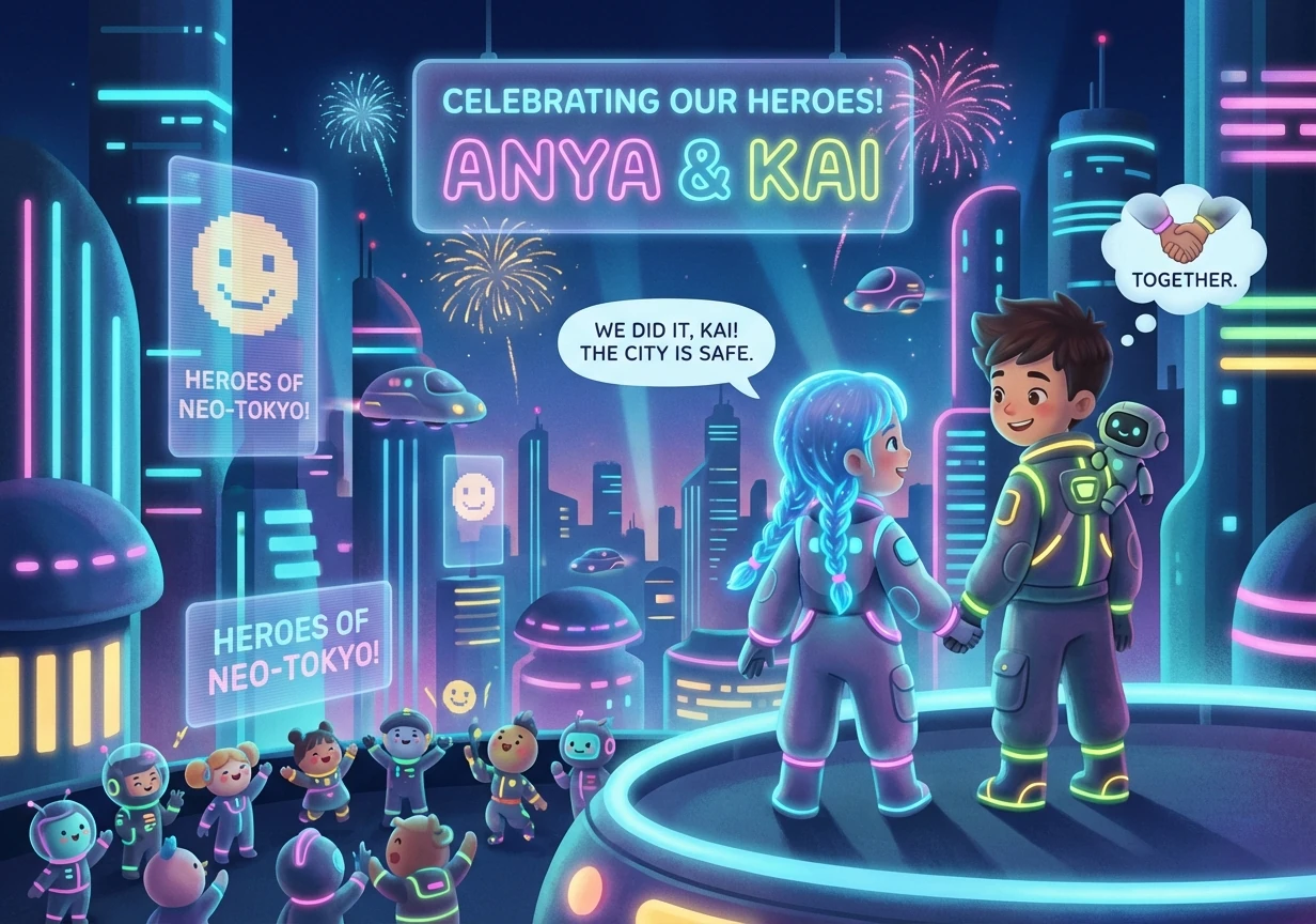 Exhausted but triumphant, Anya and Kai emerge from the server room to a city celebrating their heroism. They stand side-by-side, ready to face whateve