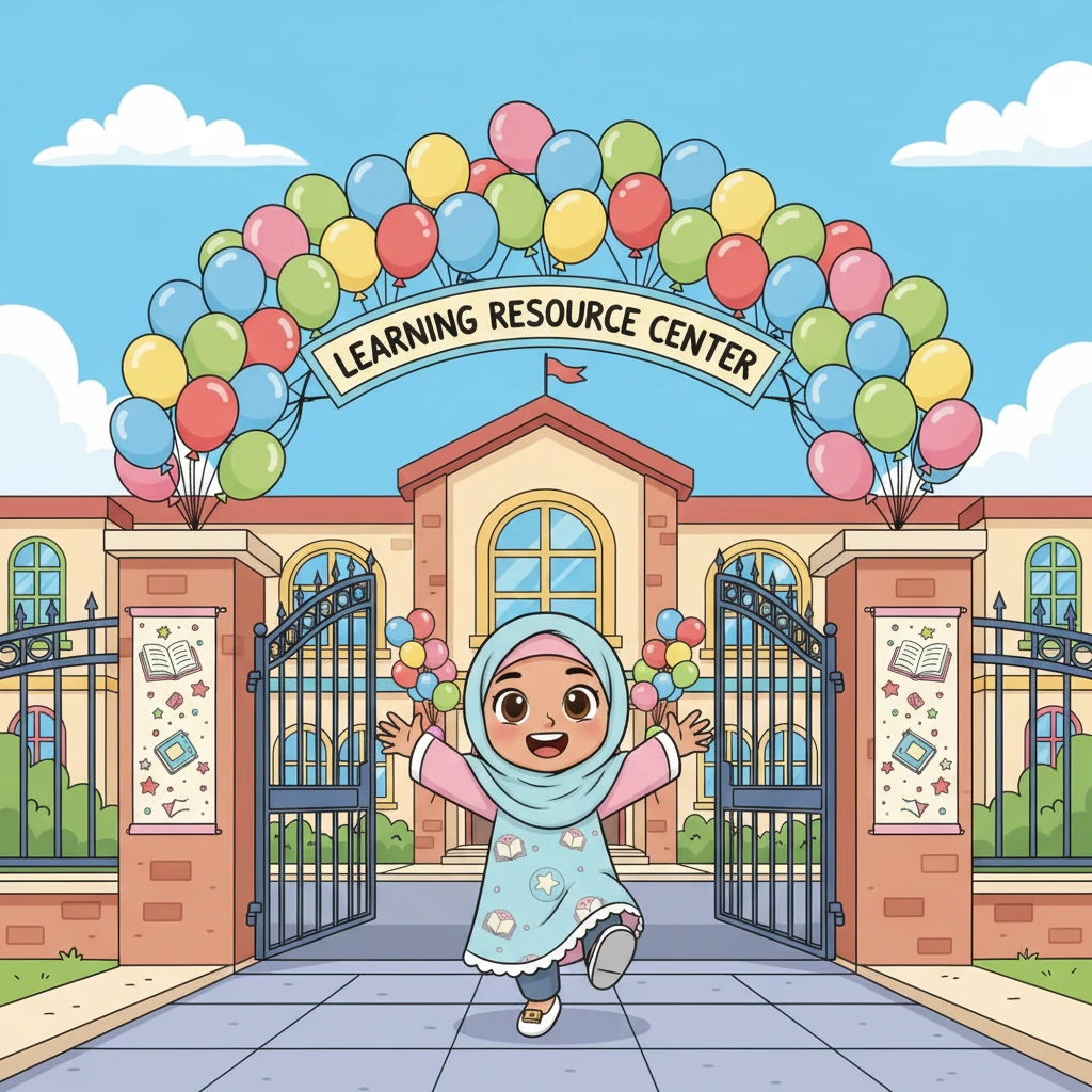 وصلت نور إلى المدرسة، ورأت البوابة مزينة بالبالونات الملونة واللافتات التي تحمل رسومات للكتب. ابتسامة عريضة ارتسمت على وجهها وهي تسرع نحو مدخل مركز مصادر التعلم.