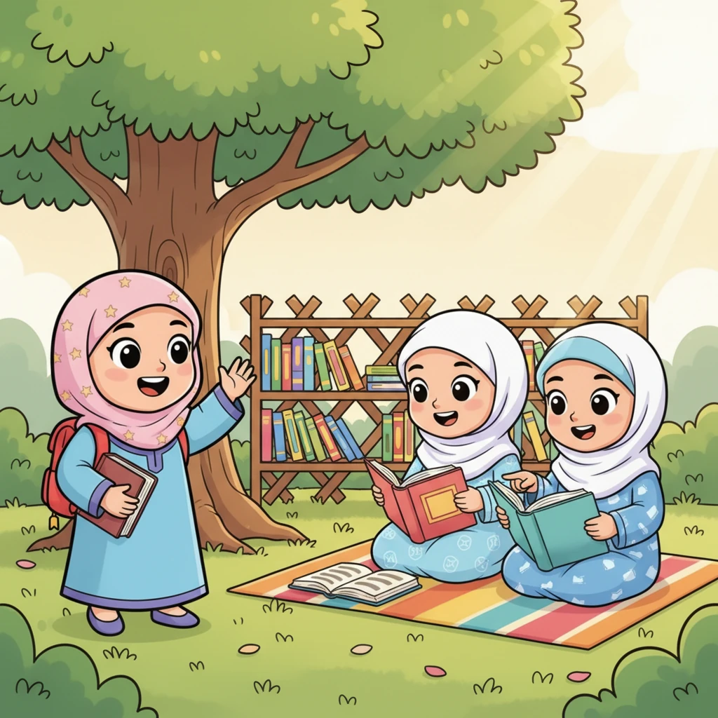 رأت نور صديقاتها، سارة ومريم، وهما تتصفحان الكتب بشغف كبير. لوحت لهما بسعادة وانضمت إليهما، متحمسة لمشاركة هذا اليوم الخاص.