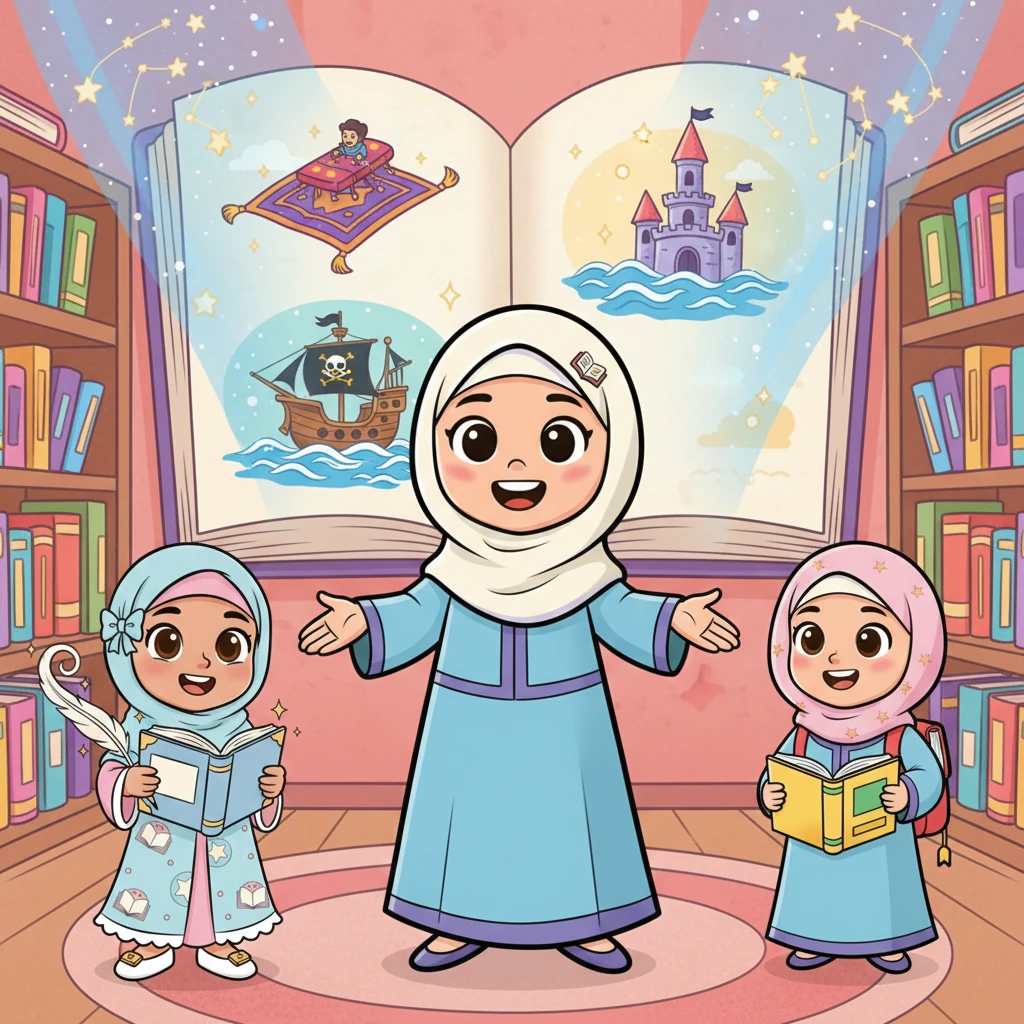 ابتسمت المعلمة فاطمة بحرارة وهي ترحب بالطالبات، وقالت بصوت مفعم بالحماس: "مرحباً بكن في يومنا السحري! اليوم سنبحر معاً في عوالم القصص المدهشة."