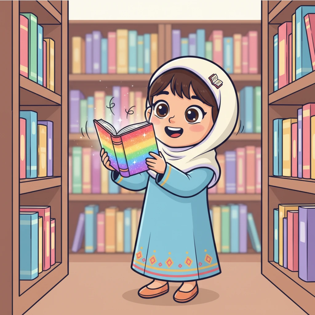 بين كل تلك الكتب الرائعة، لفت انتباه نور كتابٌ صغيرٌ بغلافٍ لامعٍ يتلألأ بألوان قوس قزح. بدت وكأن الصفحات تدعوها لفتحها واكتشاف أسرارها.