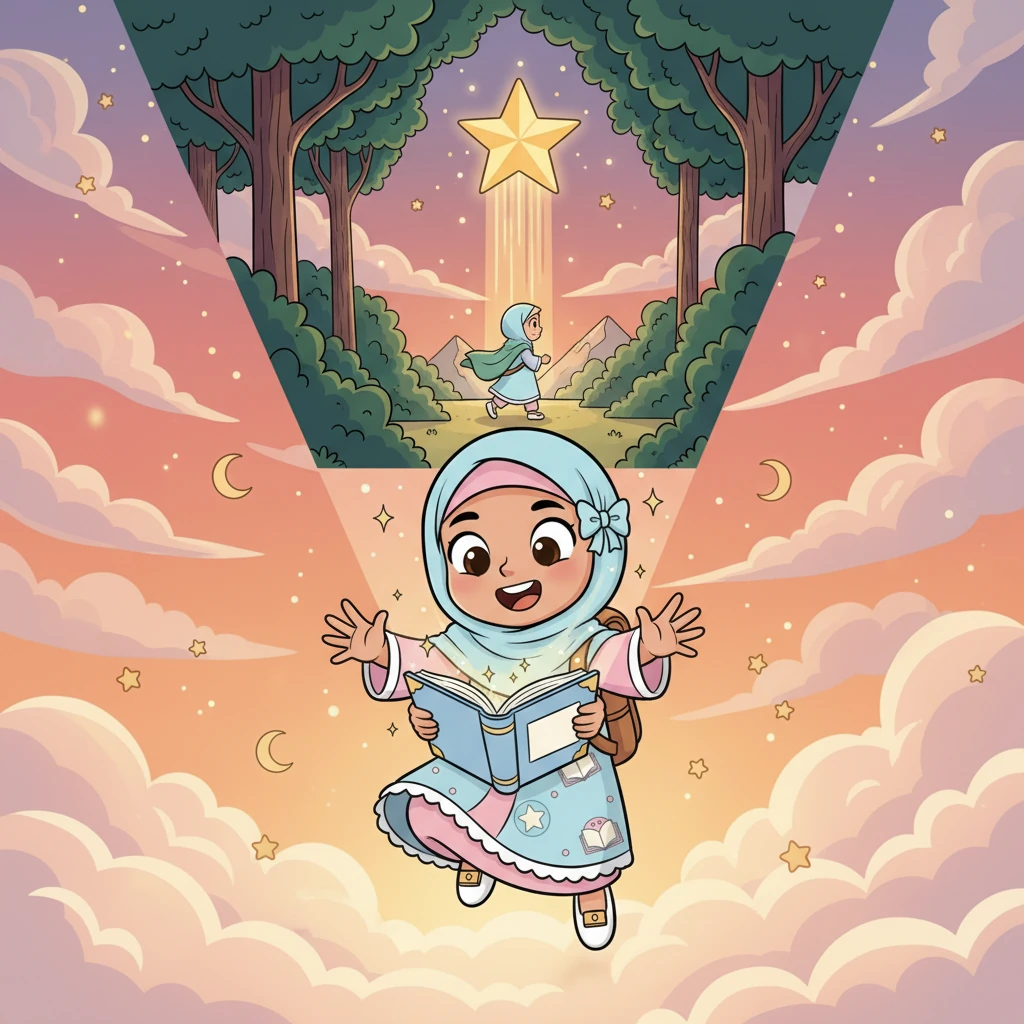 فتحت نور الكتاب، وانغمست في قصته عن فتاة شجاعة تسافر عبر الغابات بحثاً عن نجمة سحرية. تخيلت نفسها بطلة القصة، وهي تحلق عالياً بين الغيوم.