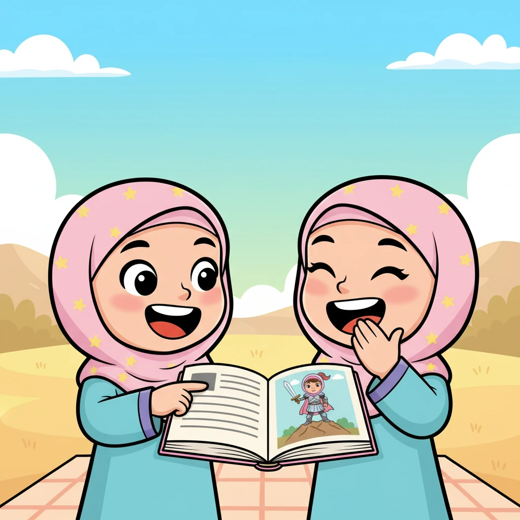 أشارت نور إلى صورة في الكتاب لصديقتها سارة، وقالت: "انظري يا سارة، هذه الفتاة تشبهني عندما أكون شجاعة!" تبادلتا الضحكات والأحلام.