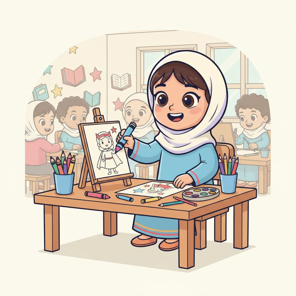 بعد ذلك، شاركت الطالبات في ورشة عمل ممتعة حيث رسمت كل واحدة شخصيتها المفضلة من كتاب قرأته. رسمت نور بطلتها الشجاعة وهي تبتسم بثقة.