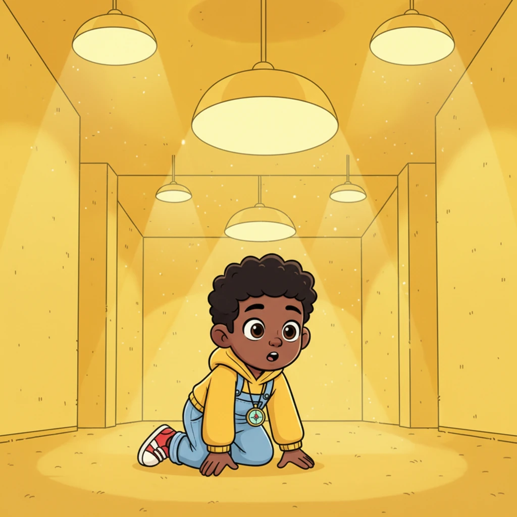 Milo picked himself up, blinking in wonder at the endless yellow walls and ceiling stretching as far as his eyes could see. Soft, humming lights glowed from above, casting a warm, gentle light. It smelled faintly of old carpet and something sweet, like lemonade.