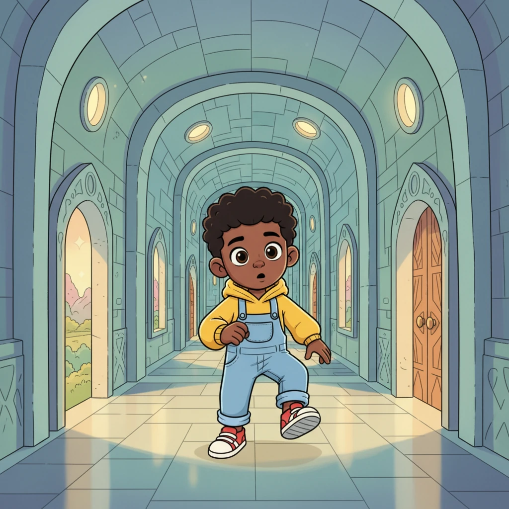 Though a little bewildered, Milo's adventurous spirit quickly took over. He bravely decided to explore, tiptoeing down a long, winding corridor that seemed to go on forever. His tiny footsteps made soft thudding sounds in the quiet space.