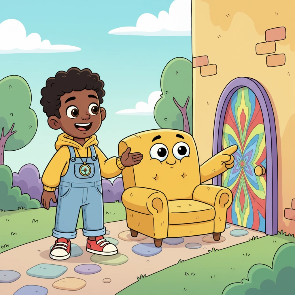 Suddenly, around a bend, Milo spotted a wobbly, friendly armchair with big, googly eyes! The armchair slowly raised a fuzzy arm, pointing towards a brightly colored door painted with swirling patterns. Milo giggled, realizing this place was full of surprises.