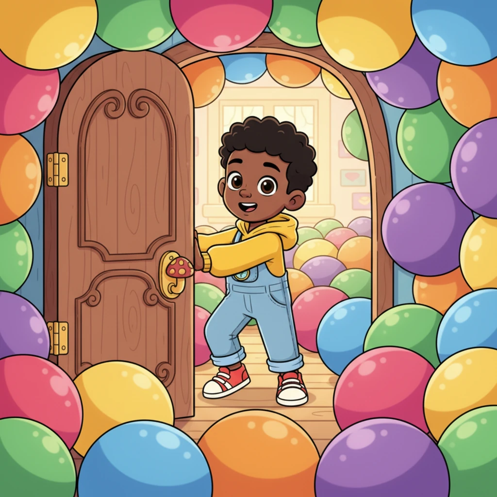 Pushing open the whimsical door, Milo gasped in delight. The next room was filled to the brim with giant, bouncy rubber balls of every color imaginable! They gently bobbed and swayed, inviting him to play.
