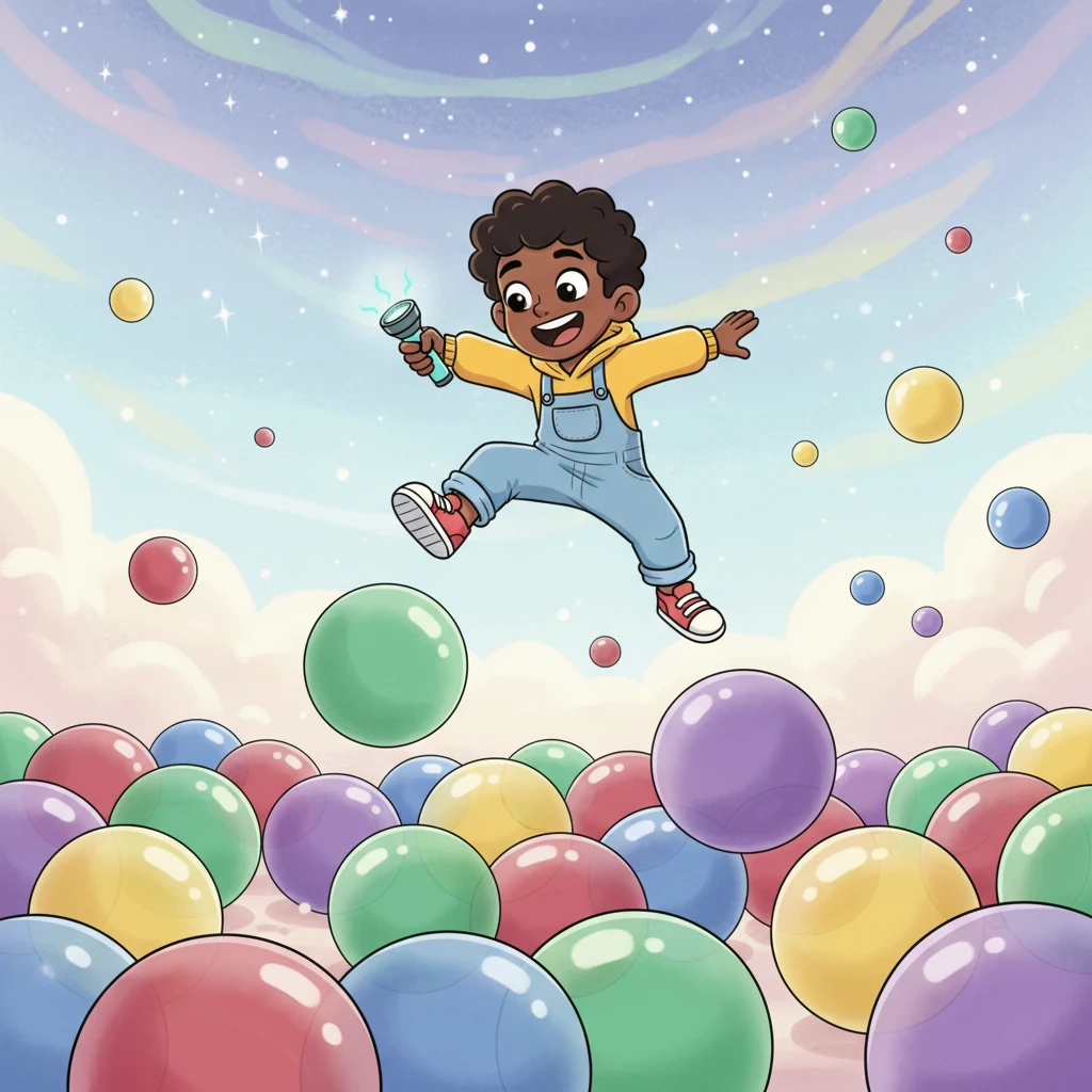 Milo spent a wonderful moment bouncing and laughing among the colorful spheres, feeling lighter than air. He leaped from one bouncy ball to another, soaring almost to the ceiling. But then, he remembered he needed to find a way back home.