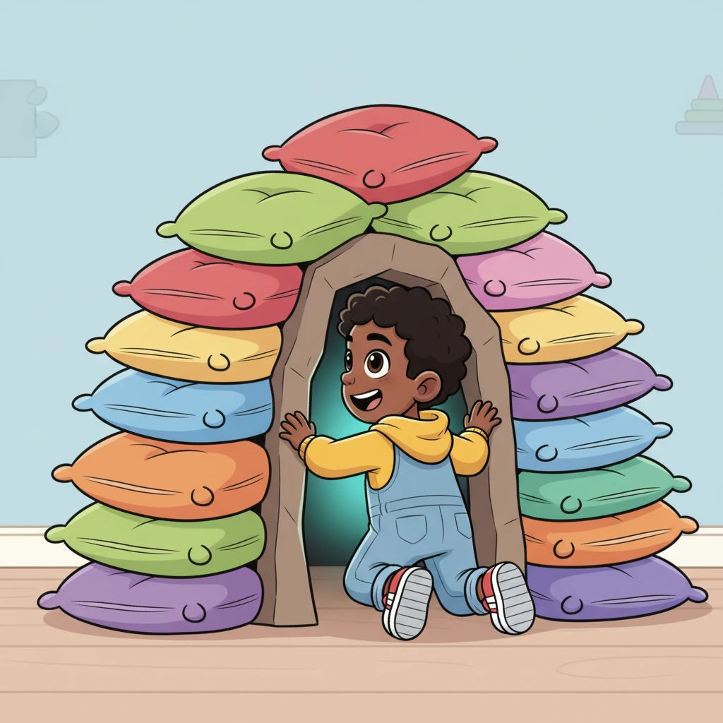 Peeking behind a stack of soft, rainbow-colored cushions, Milo discovered a small, hidden passage. It was just big enough for him to squeeze through. He wiggled his way inside, feeling a thrill of excitement.
