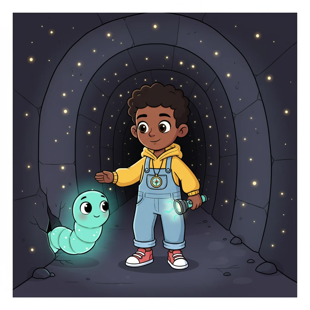The passage led into a surprisingly dark tunnel, but it wasn't scary. Tiny, sparkling lights twinkled like distant stars, and a friendly, glowing glow-worm wiggled out to greet him. The glow-worm offered to light Milo's way.