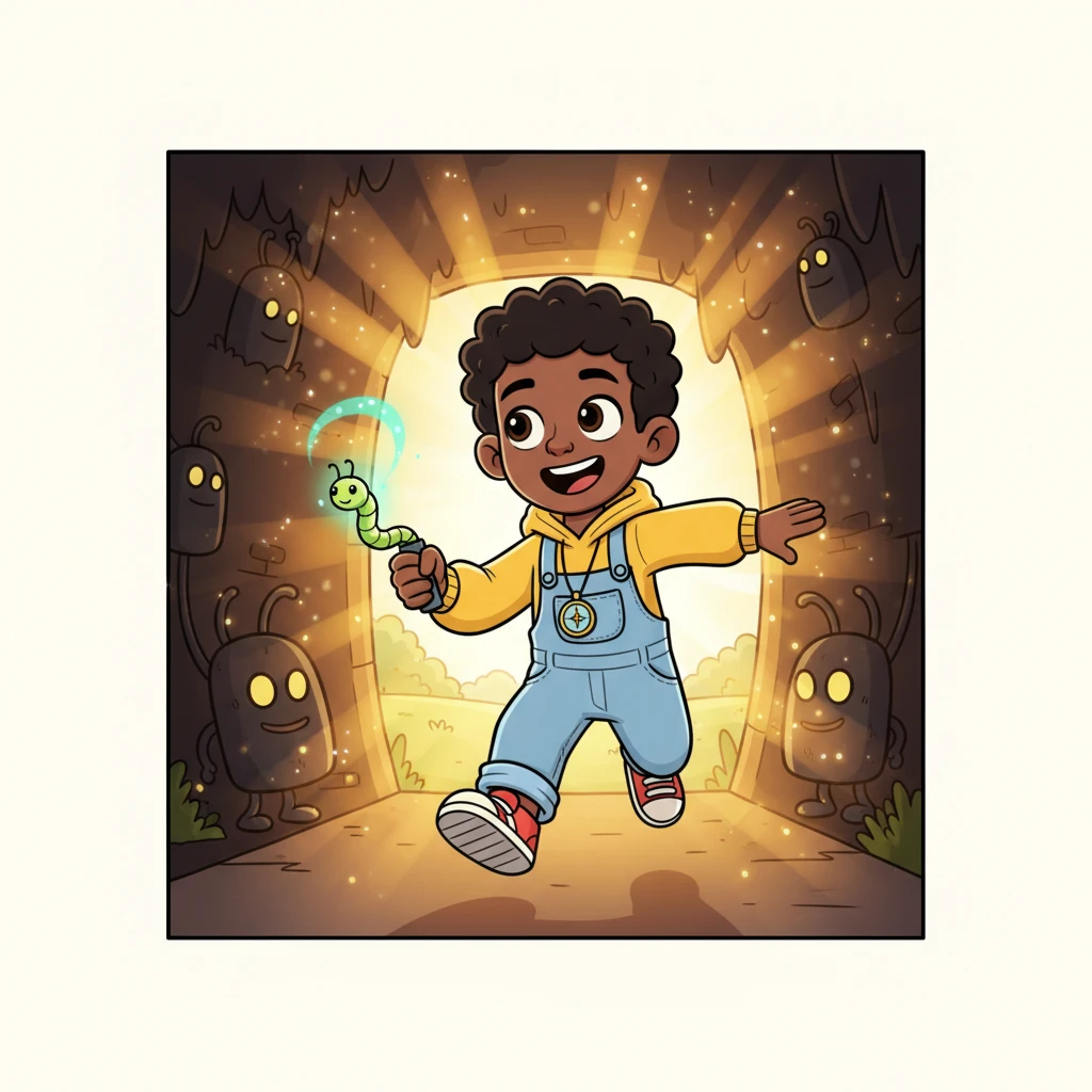 With his new glow-worm friend leading the way, Milo saw a brilliant, inviting light ahead. It wasn't the humming yellow light of the backrooms, but a warm, familiar sunshine. His heart fluttered with hope and excitement.